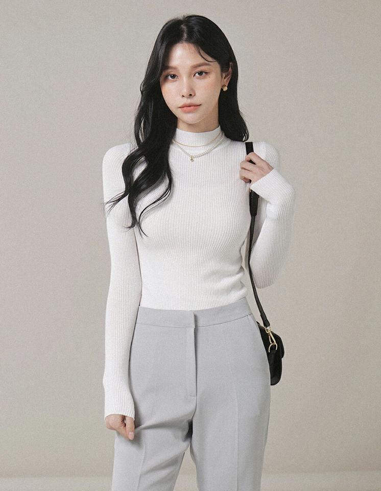 ハーフネックスリムリブニット・t00008 レディース 【tops】トップス ニット 大人 ハーフネック 長袖 スリム リブ 単色 シンプル 大人 フェミニン ガーリー カジュアル かわいい 可愛い 秋 冬 春 韓国ファッション
