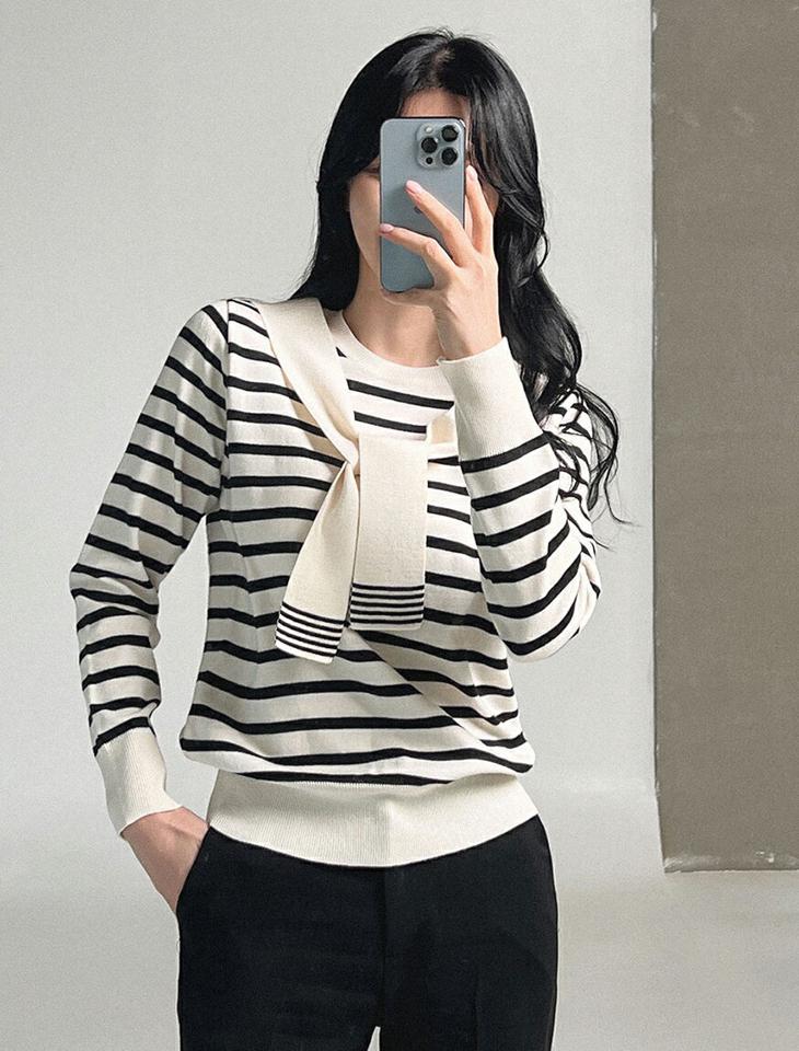 ショルダーリボンボーダーニット・b00010 レディース 【tops】トップス ニット 大人 ラウンドネック 長袖 ショルダーリボン ボーダー リブヘム 配色 シンプル 大人 フェミニン カジュアル かわいい 可愛い 秋 冬 春 韓国ファッション
