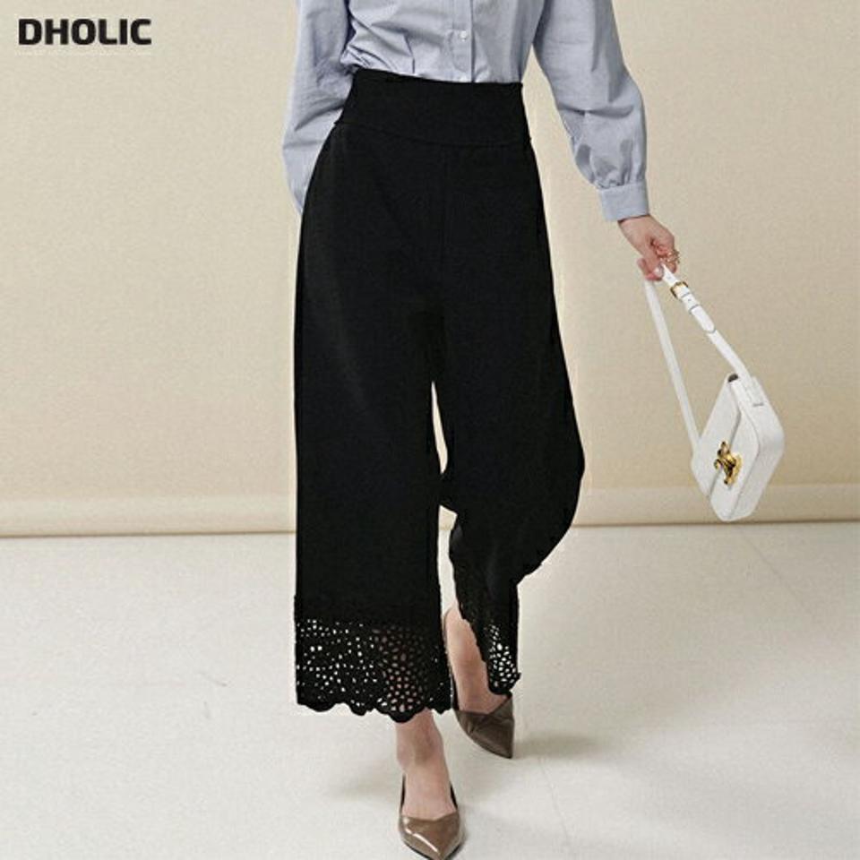 レースヘムブラックパンツ・b00020 レディース 【pt】ボトムス ロング ロングパンツ レースヘム ブラックパンツ ワイド ストレート スカラップ ハイウエスト ロング丈 無地 単色 シンプル フェミニン カジュアル 秋 冬 春 韓国ファッション