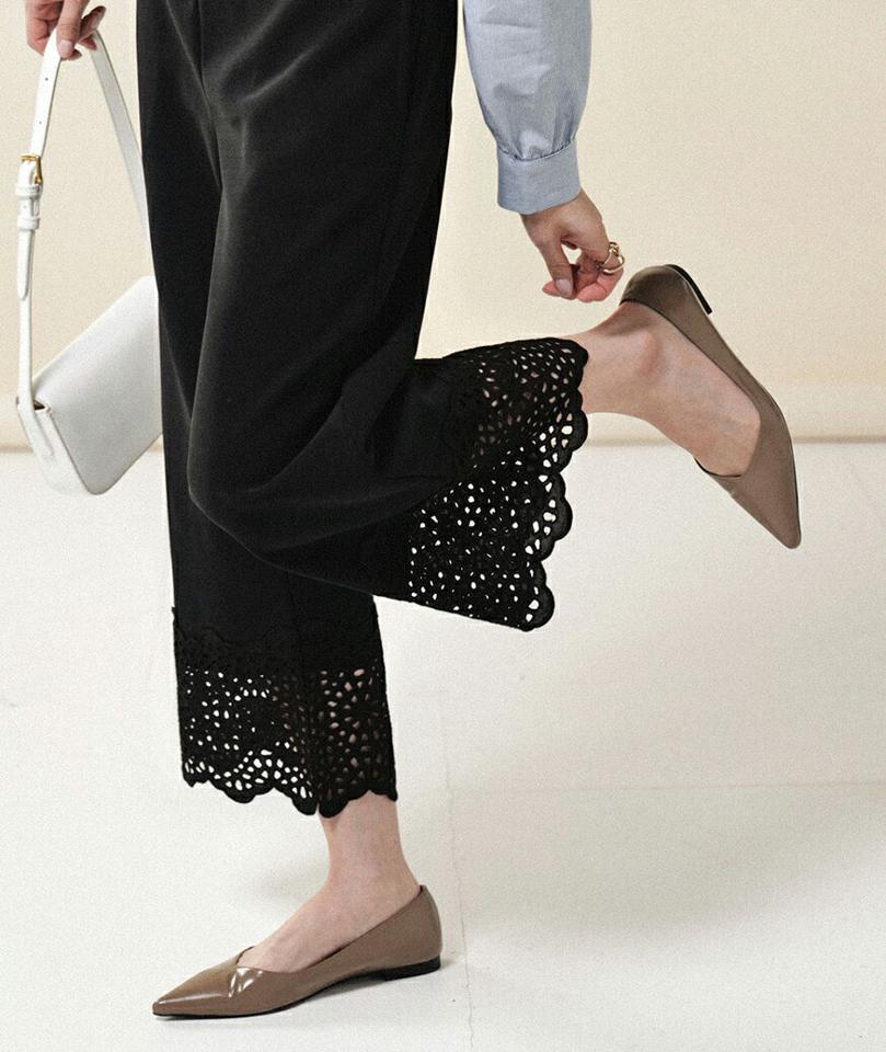 レースヘムブラックパンツ・b00020 レディース 【pt】ボトムス ロング ロングパンツ レースヘム ブラックパンツ ワイド ストレート スカラップ ハイウエスト ロング丈 無地 単色 シンプル フェミニン カジュアル 秋 冬 春 韓国ファッション