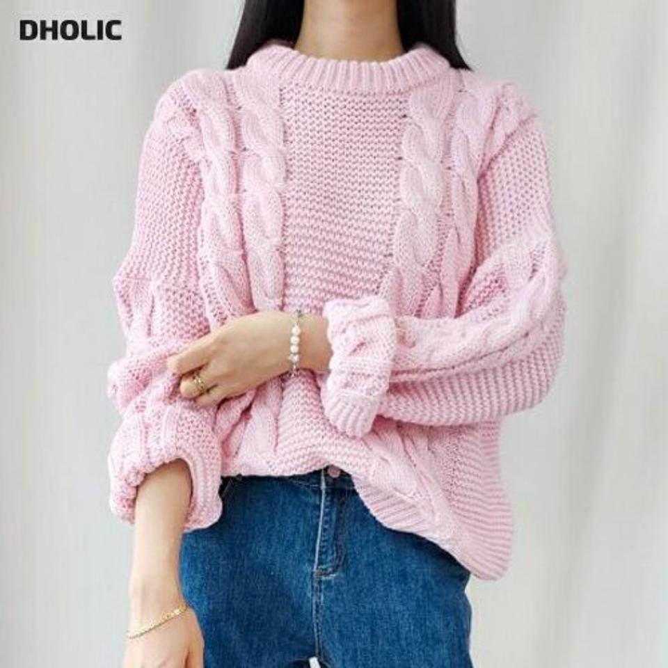 ラウンドネックカラーケーブルニット・p001462 レディース 【tops】トップス ニット 長袖 柄 模様 単色 ケーブルニット ケーブル編み ラウンドネック 秋 冬 カジュアル ラフ ルーズ パステル 韓国ファッション MKT
