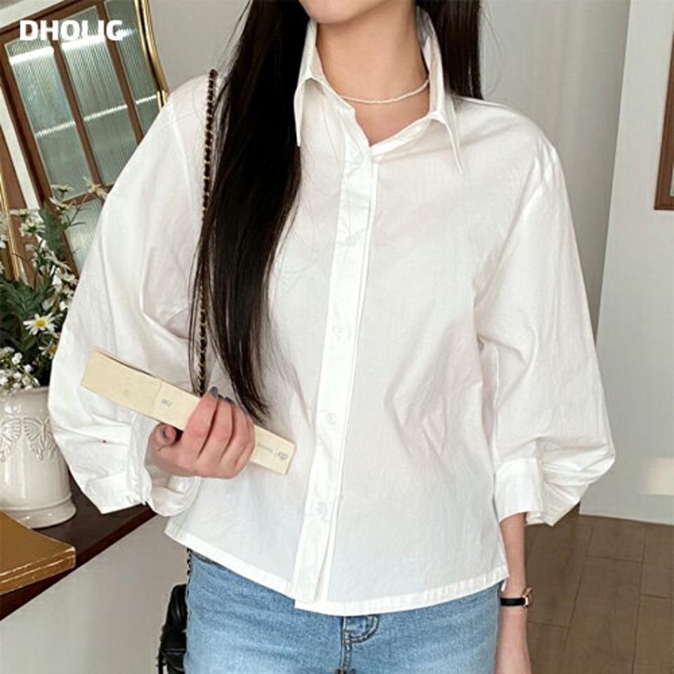 【只今10%OFF】バルーンスリーブコットンシャツ・p001308 レディース 【bl】トップス シャツ 長袖 単色 無地 シンプル ベーシック バルーン袖 コットン 綿 襟 えり ボタン ぼたん 秋 冬 二の腕カバー カジュアル 韓国ファッション MKT セール