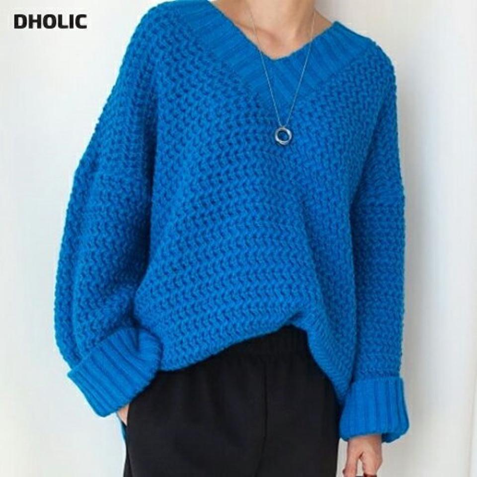 Vネックルーズウェーブニット・p001446 レディース 【tops】トップス 長袖 ニット 長袖 単色 無地 シンプル ベーシック Vネック 鎖骨 デコルテ ルーズ ゆったり 楽ちん 秋 冬 ドロップショルダー カジュアル ラフ 韓国ファッション MKT