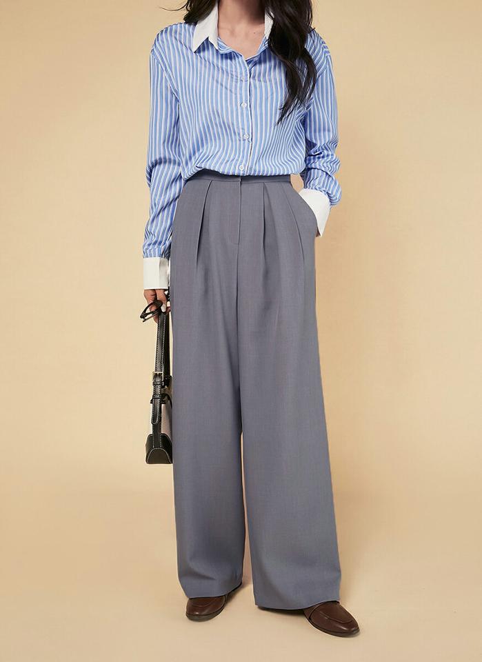 ツータックワイドスラックス・t00550 レディース 【pt】ボトムス ロング ロングパンツ スラックス ツータック ワイド ストレート ハイウエスト フルレングス ヒップダーツ 無地 単色 シンプル フェミニン カジュアル 秋 冬 春 韓国ファッション