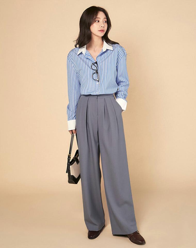 ツータックワイドスラックス・t00550 レディース 【pt】ボトムス ロング ロングパンツ スラックス ツータック ワイド ストレート ハイウエスト フルレングス ヒップダーツ 無地 単色 シンプル フェミニン カジュアル 秋 冬 春 韓国ファッション