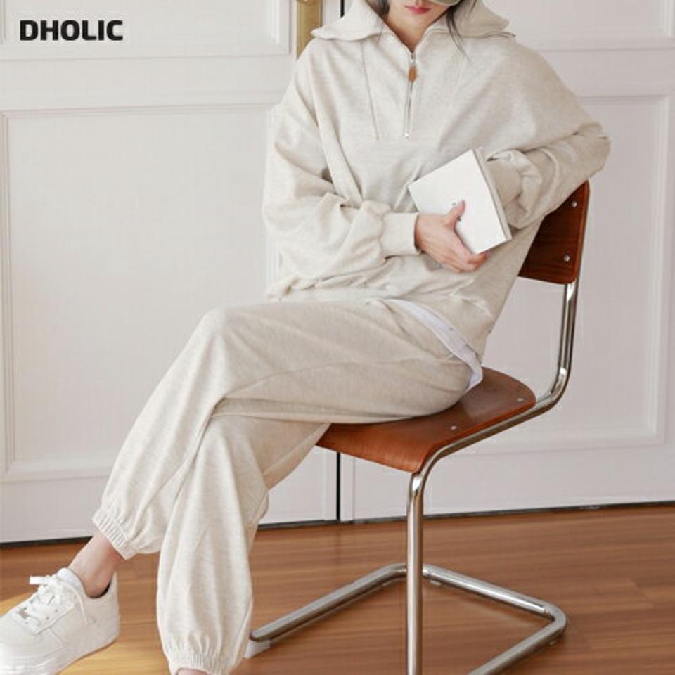 レイヤードへムジップカラースウェット&ジョガーパンツSET・p001399 レディース 【pt】セットアップ セット setup トップス スウェット トレーナー 長袖 単色 無地 シンプル ハーフジップ 襟コン パンツ ロング丈 秋 冬 韓国ファッション MKT