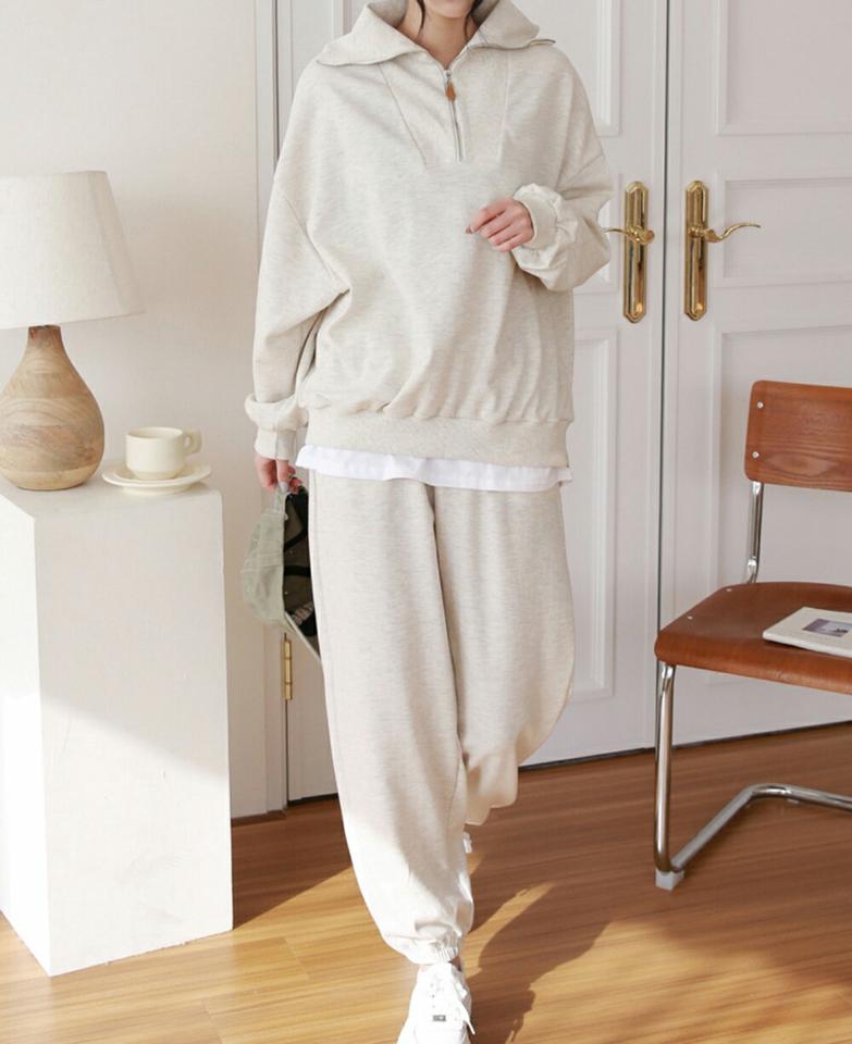 レイヤードへムジップカラースウェット&ジョガーパンツSET・p001399 レディース 【pt】セットアップ セット setup トップス スウェット トレーナー 長袖 単色 無地 シンプル ハーフジップ 襟コン パンツ ロング丈 秋 冬 韓国ファッション MKT