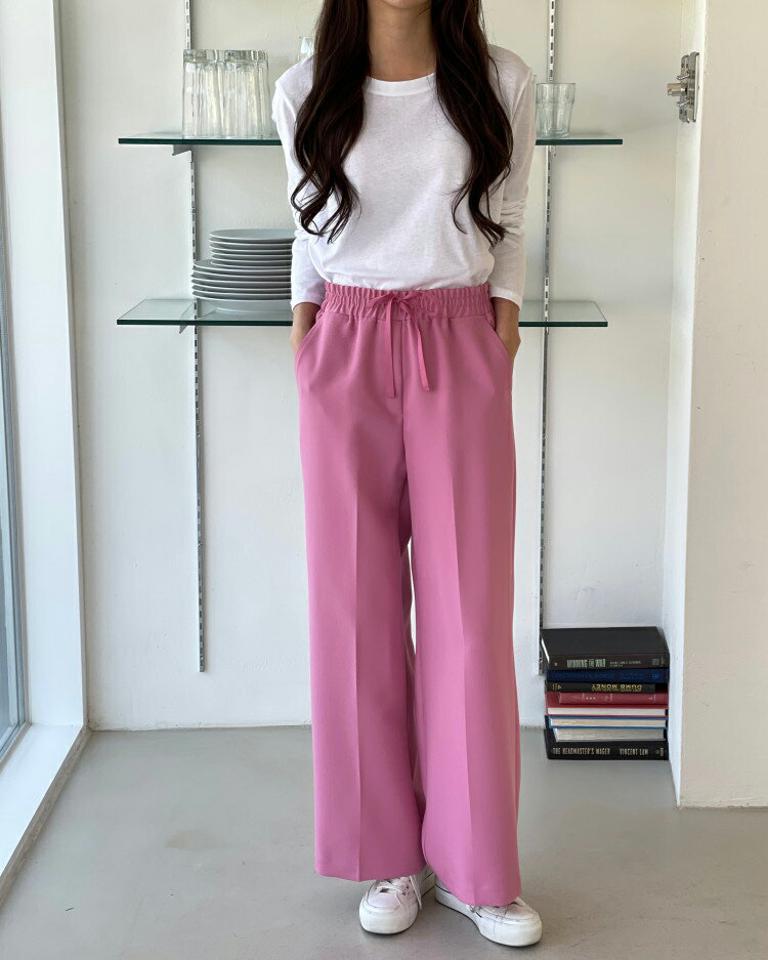 ウエストドロストワイドパンツ・p001459 レディース 【pt】パンツ ロング丈 ワイド 単色 無地 シンプル ベーシック ドロスト ウエストゴム 楽ちん 秋 冬 カジュアル かわいい 可愛い ラフ カラーパンツ 韓国ファッション MKT