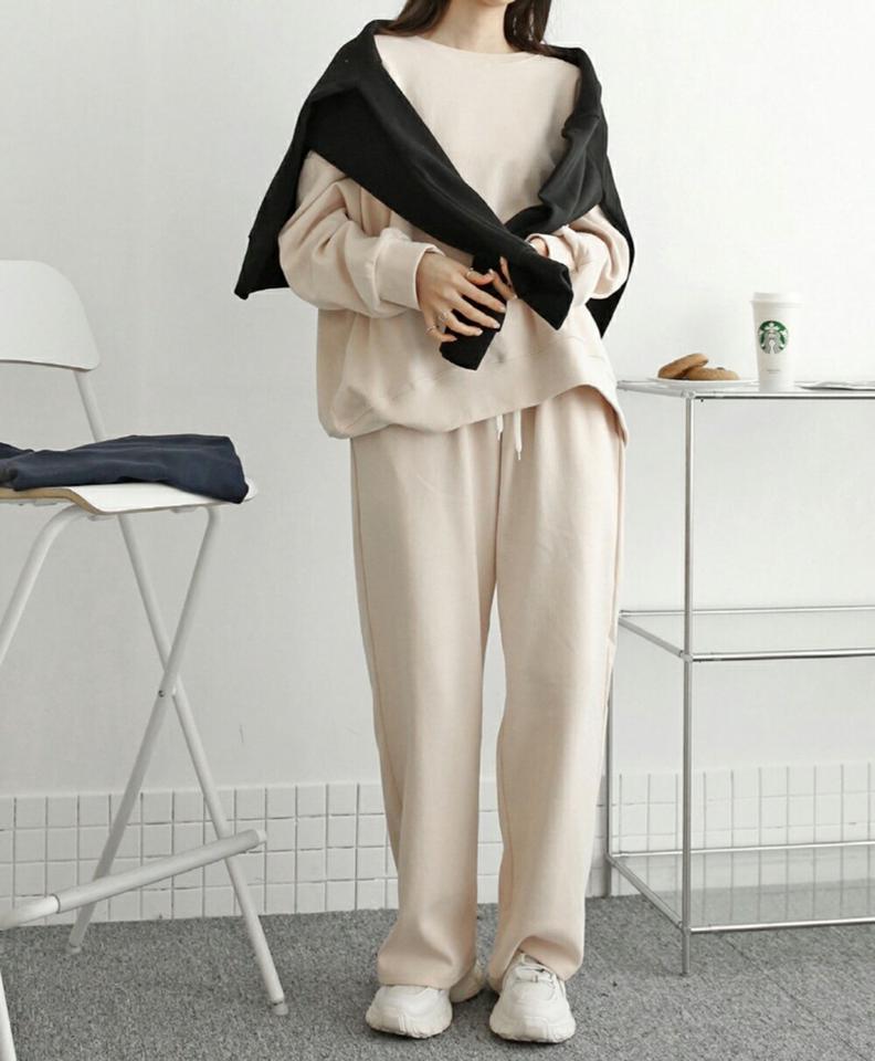 ルーズスウェット&ワイドパンツSET・p001392 レディース 【pt】セットアップ セット setup トップス スウェット トレーナー 長袖 単色 無地 シンプル ベーシック パンツ ワイド ロング丈 ドロップショルダー 秋 冬 カジュアル 韓国ファッション MKT