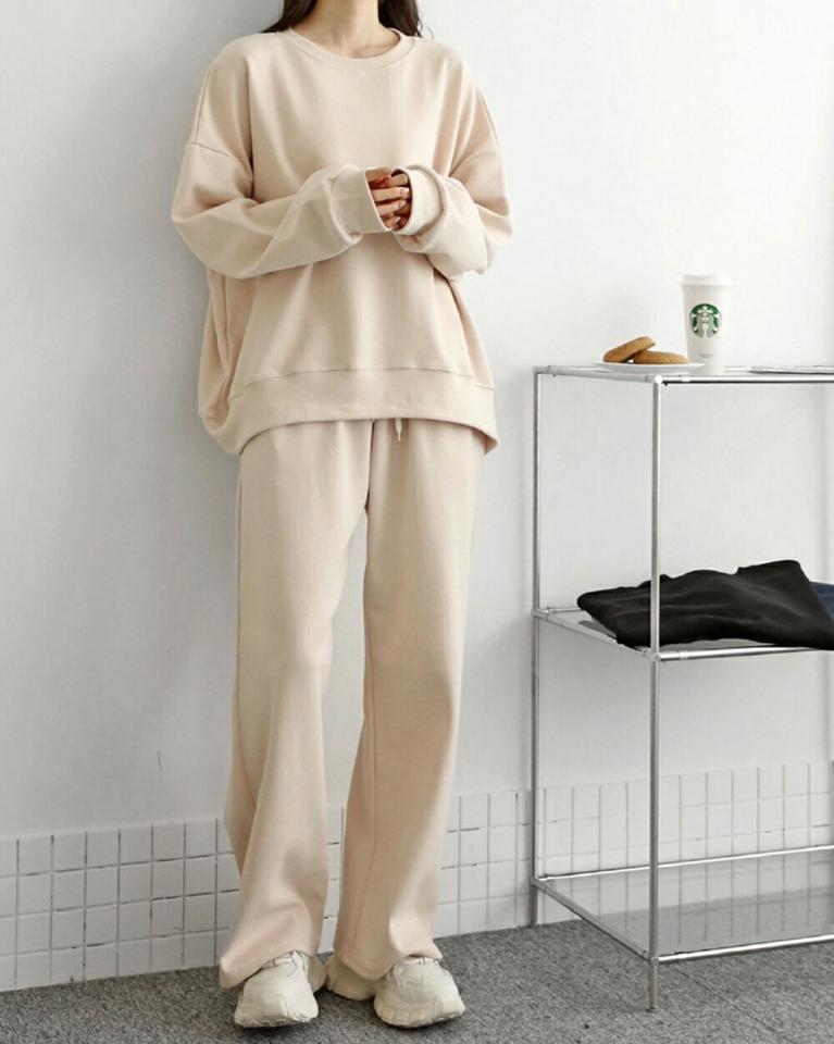 ルーズスウェット&ワイドパンツSET・p001392 レディース 【pt】セットアップ セット setup トップス スウェット トレーナー 長袖 単色 無地 シンプル ベーシック パンツ ワイド ロング丈 ドロップショルダー 秋 冬 カジュアル 韓国ファッション MKT