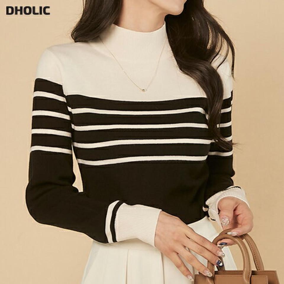 ハーフネックボーダーニット・b00531 レディース 【tops】トップス ニット 大人 ハーフネック 長袖 リブヘム ボーダー シンプル モノトーン シック フェミニン カジュアル かわいい 可愛い 秋 冬 春 韓国ファッション