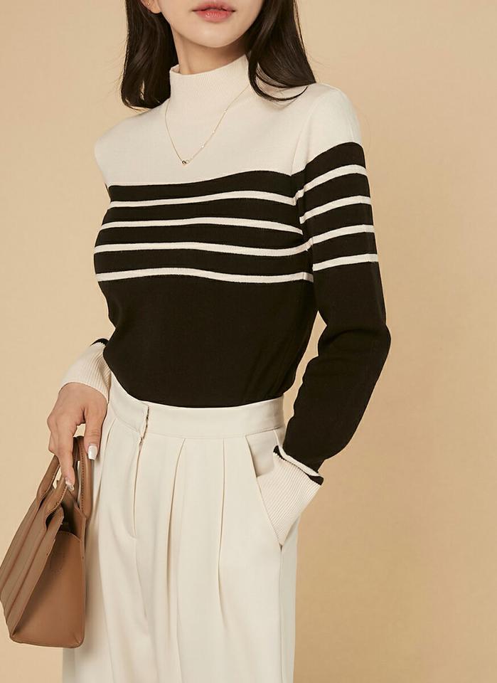 ハーフネックボーダーニット・b00531 レディース 【tops】トップス ニット 大人 ハーフネック 長袖 リブヘム ボーダー シンプル モノトーン シック フェミニン カジュアル かわいい 可愛い 秋 冬 春 韓国ファッション