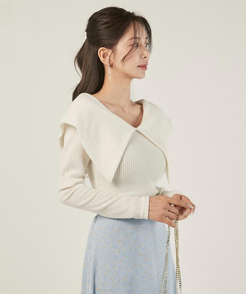 起毛ビッグカラーリブ長袖Tシャツ・t00522 レディース 【tops】トップス Tシャツ Vネック ビッグカラー 長袖 起毛 クロップド丈 リブ 大人 単色 シンプル 可愛い かわいい 大人 フェミニン カジュアル 秋 冬 春 韓国ファッション