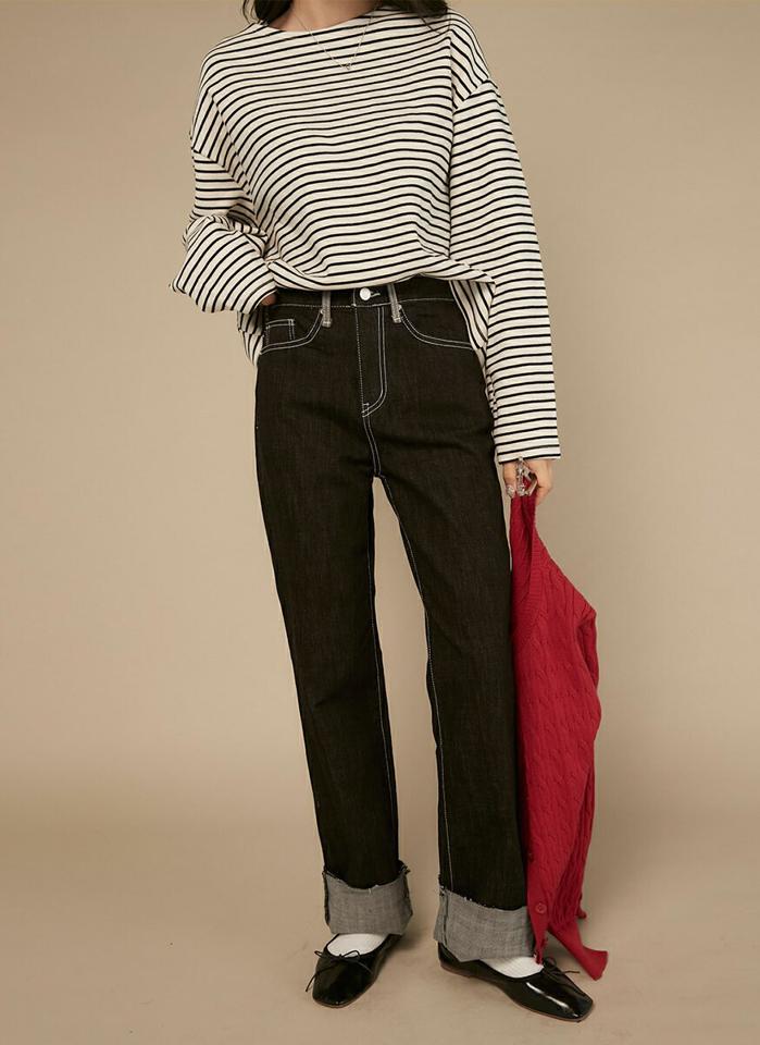 ボーダーラウンドネックTシャツ・t00558 レディース 【tops】トップス Tシャツ ラウンドネック 長袖 ドロップショルダー ボーダー 大人 シンプル 可愛い かわいい 大人 フェミニン カジュアル 秋 冬 春 韓国ファッション