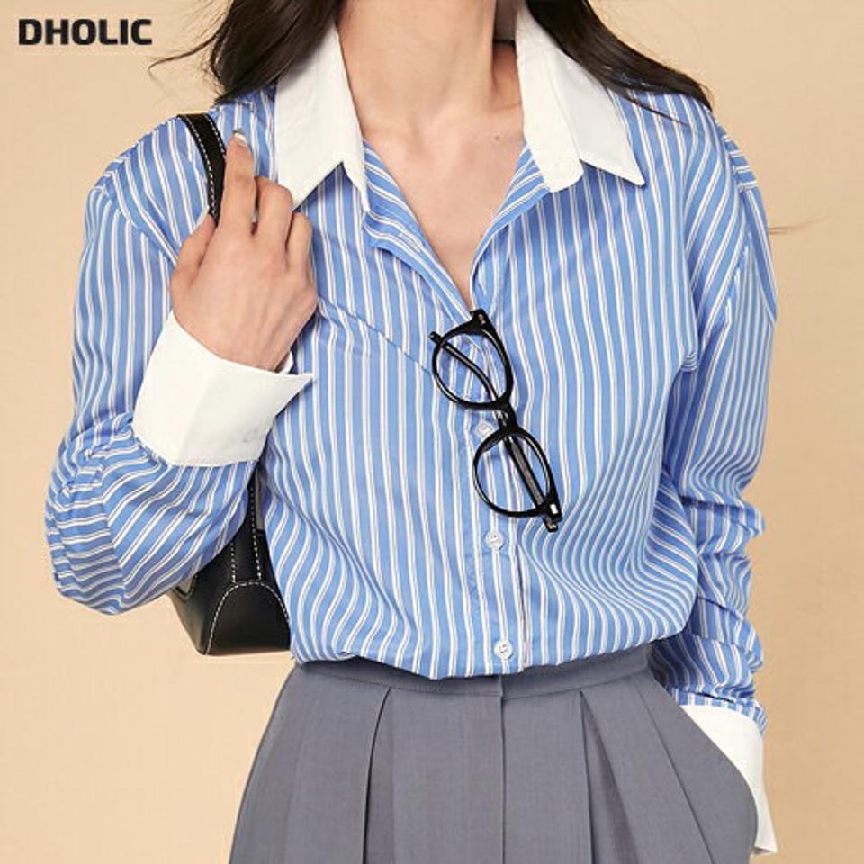 2TYPE配色シャツ・t00529 レディース 【bl】トップス シャツ カラーネック 長袖 無地 ストライプ カフス 配色 大人 上品 シンプル カジュアル フェミニン 可愛い かわいい モダン 秋 冬 春 韓国ファッション