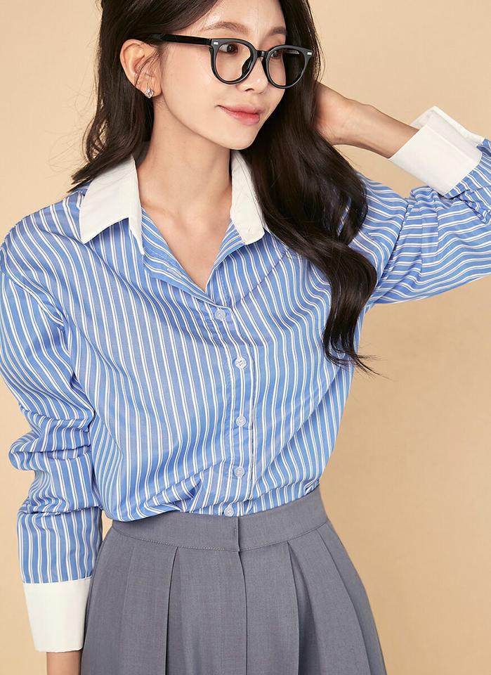2TYPE配色シャツ・t00529 レディース 【bl】トップス シャツ カラーネック 長袖 無地 ストライプ カフス 配色 大人 上品 シンプル カジュアル フェミニン 可愛い かわいい モダン 秋 冬 春 韓国ファッション