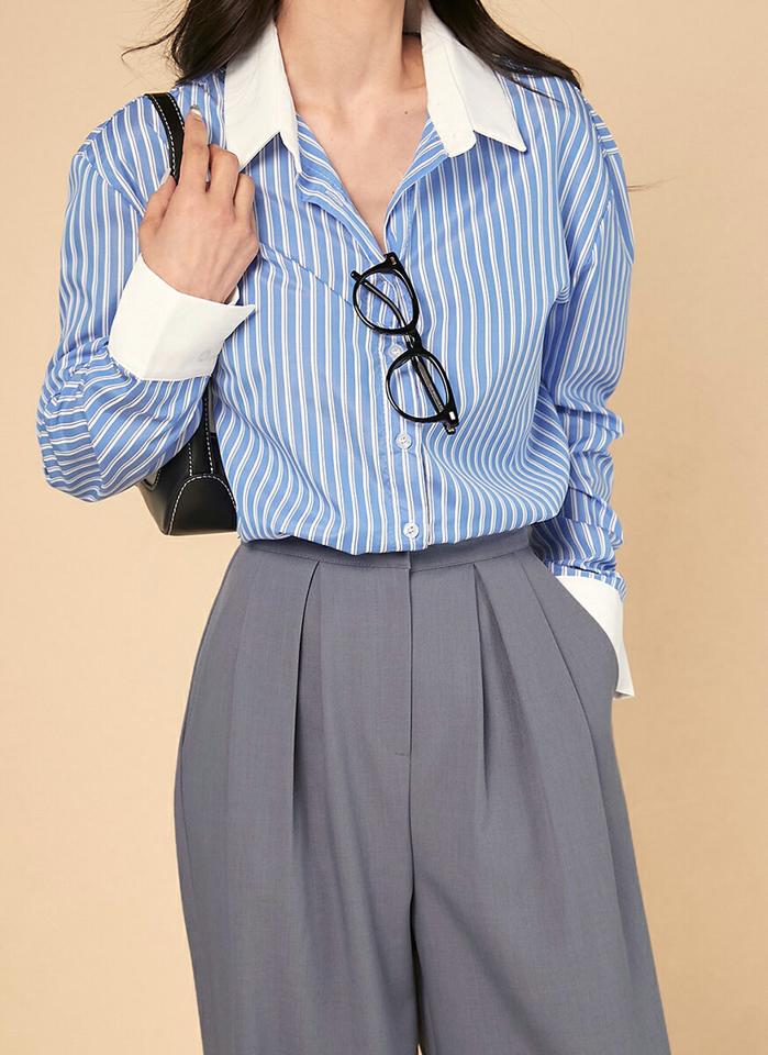 2TYPE配色シャツ・t00529 レディース 【bl】トップス シャツ カラーネック 長袖 無地 ストライプ カフス 配色 大人 上品 シンプル カジュアル フェミニン 可愛い かわいい モダン 秋 冬 春 韓国ファッション