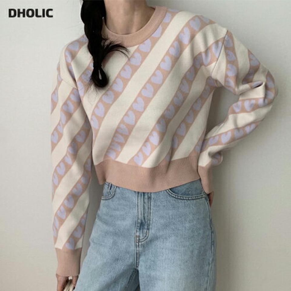 ハートラインリブヘムニット・p001438 レディース 【tops】トップス ニット 長袖 柄 模様 配色 ハート ライン リブ ヘム 秋 冬 かわいい 可愛い カジュアル ラフ キュート 韓国ファッション MKT