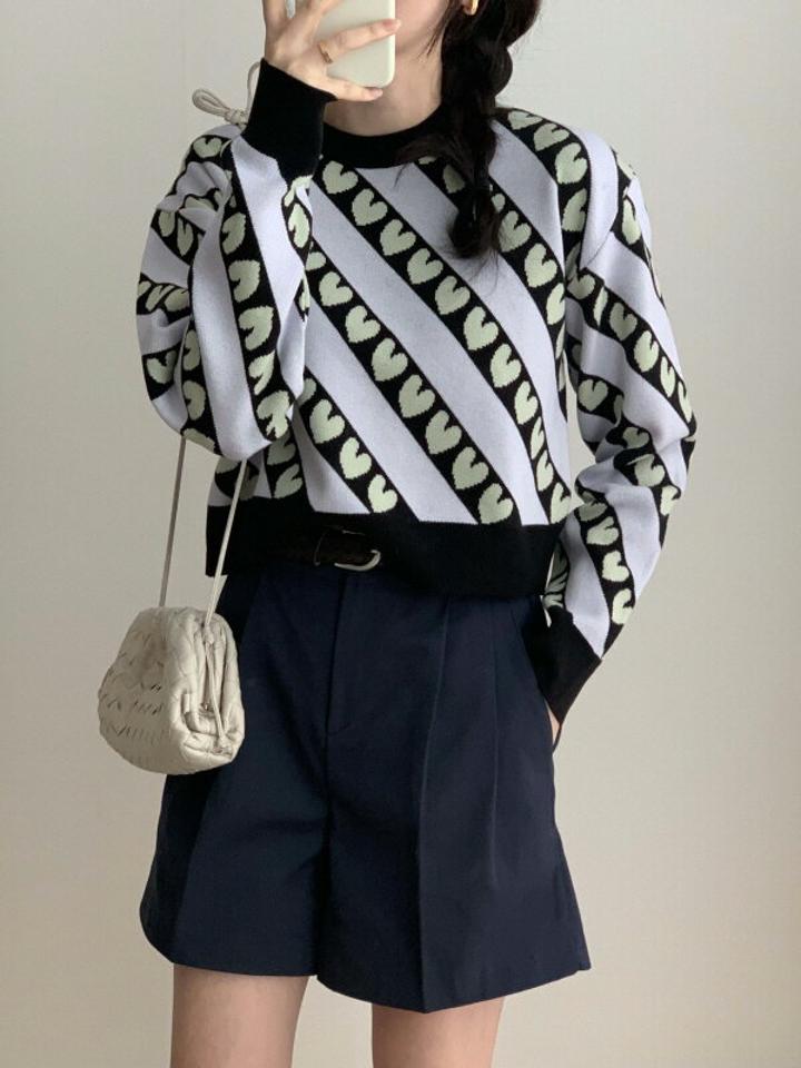 ハートラインリブヘムニット・p001438 レディース 【tops】トップス ニット 長袖 柄 模様 配色 ハート ライン リブ ヘム 秋 冬 かわいい 可愛い カジュアル ラフ キュート 韓国ファッション MKT