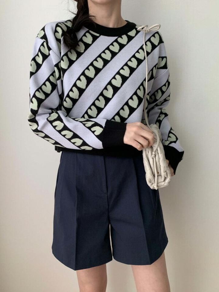 ハートラインリブヘムニット・p001438 レディース 【tops】トップス ニット 長袖 柄 模様 配色 ハート ライン リブ ヘム 秋 冬 かわいい 可愛い カジュアル ラフ キュート 韓国ファッション MKT