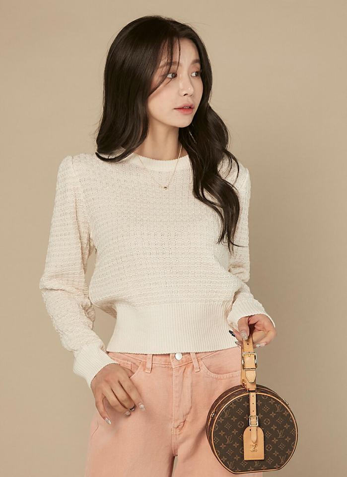 メタリックテクスチャーニット・t00530 レディース 【tops】トップス ニット 大人 ラウンドネック 長袖 リブヘム メタリック テクスチャー クロップド丈 シンプル 高級感 フェミニン カジュアル かわいい 可愛い 秋 冬 春 韓国ファッション