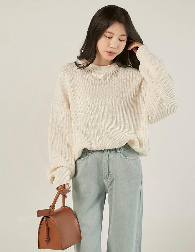 ラウンドネックルーズニット・t00533 レディース 【tops】トップス ニット 大人 ラウンドネック 長袖 ドロップショルダー リブヘム ルーズ パンチング 無地 単色 シンプル フェミニン カジュアル かわいい 可愛い デイリー 秋 冬 春 韓国ファッション