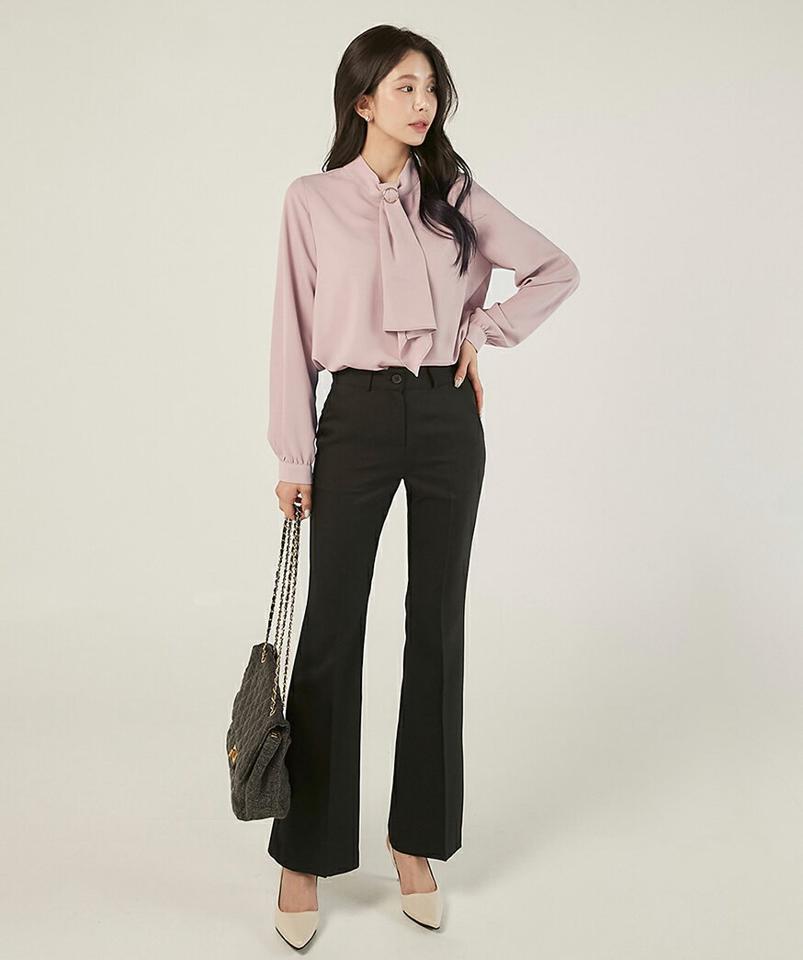 ハイウエストスラックス・t00549 レディース 【pt】ボトムス ロング ロングパンツ スラックス ハイウエスト センタープレス フレア ヒップダーツ ベルトループ 無地 単色 シンプル フェミニン カジュアル 秋 冬 春 韓国ファッション