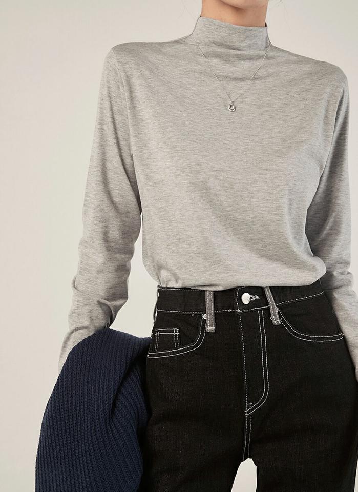 ハーフネック長袖Tシャツ・b00525 レディース 【tops】トップス Tシャツ ハーフネック 長袖 スリム クロップド丈 メランジカラー 大人 無地 単色 シンプル 可愛い かわいい 大人 フェミニン カジュアル 秋 冬 春 韓国ファッション
