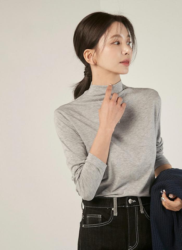 ハーフネック長袖Tシャツ・b00525 レディース 【tops】トップス Tシャツ ハーフネック 長袖 スリム クロップド丈 メランジカラー 大人 無地 単色 シンプル 可愛い かわいい 大人 フェミニン カジュアル 秋 冬 春 韓国ファッション