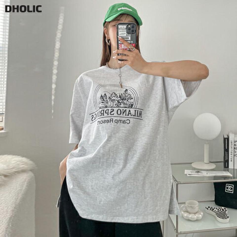 MILANOプリント半袖Tシャツ・p001439 レディース 【tops】トップス Tシャツ 半袖 柄 模様 プリント ロゴ 春 夏 カジュアル ラフ ドロップショルダー 体系カバー スリット 韓国ファッション MKT