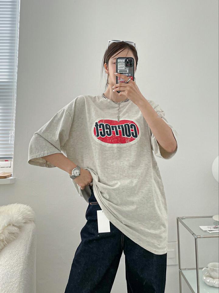 correctプリント半袖Tシャツ・p001441 レディース 【tops】トップス Tシャツ 半袖 柄 模様 プリント ロゴ カジュアル ラフ ミドル丈 ドロップショルダー 体系カバー ゆったり 春 夏 韓国ファッション MKT
