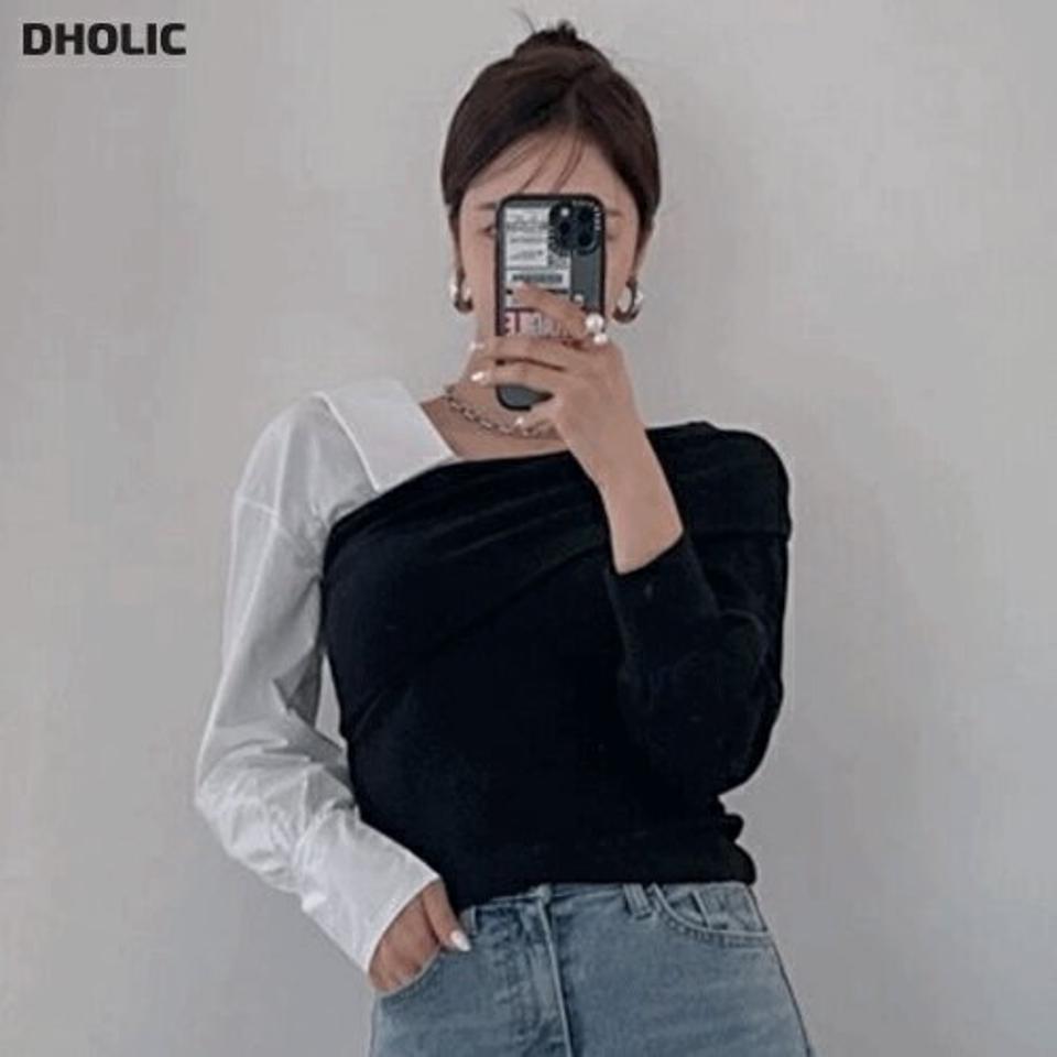 ドッキングアンバランス長袖Tシャツ・p001464 レディース 【tops】トップス Tシャツ ドッキング 長袖 柄 模様 シャツ 配色 鎖骨 デコルテ ユニーク 秋 冬 カジュアル モード モノトーン 韓国ファッション MKT
