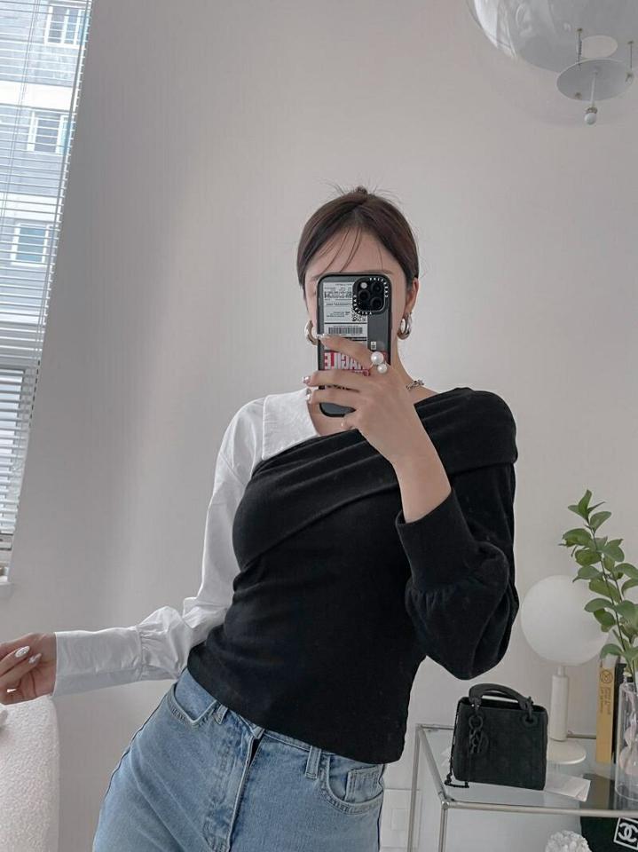 ドッキングアンバランス長袖Tシャツ・p001464 レディース 【tops】トップス Tシャツ ドッキング 長袖 柄 模様 シャツ 配色 鎖骨 デコルテ ユニーク 秋 冬 カジュアル モード モノトーン 韓国ファッション MKT