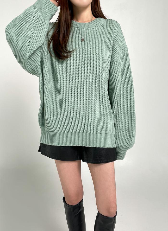 パンチングスリーブルーズニット・t00286 レディース 【tops】トップス ニット 大人 ラウンドネック 長袖 ドロップショルダー ルーズ リブヘム パンチング シンプル 大人 フェミニン カジュアル かわいい 可愛い 秋 冬 春 韓国ファッション