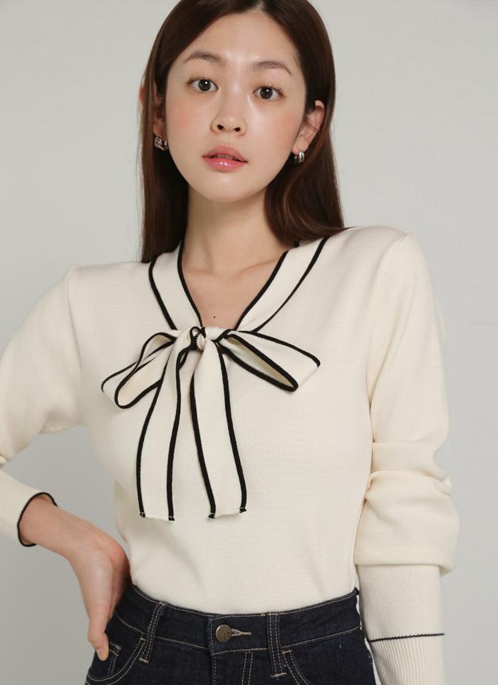 配色ネックリボンニット・b00282 レディース 【tops】トップス ニット 大人 Vネック 長袖 リボン 配色 リブヘム シンプル 大人 フェミニン カジュアル かわいい 可愛い モダン 秋 冬 春 韓国ファッション