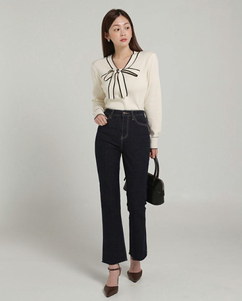 配色ネックリボンニット・b00282 レディース 【tops】トップス ニット 大人 Vネック 長袖 リボン 配色 リブヘム シンプル 大人 フェミニン カジュアル かわいい 可愛い モダン 秋 冬 春 韓国ファッション