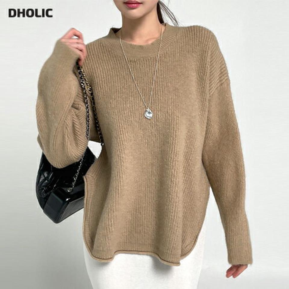 ロールラウンドヘムルーズニット・b00285 レディース 【tops】トップス ニット 大人 ラウンドネック 長袖 ドロップショルダー ルーズ ウール混 スリット 無地 単色 シンプル フェミニン カジュアル かわいい 可愛い 秋 冬 春 韓国ファッション