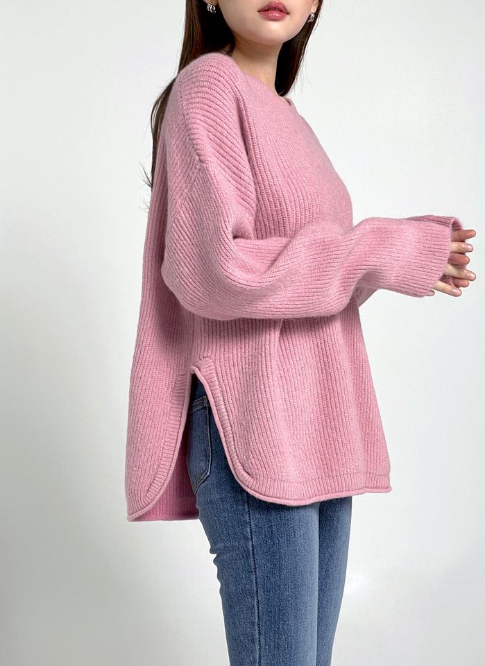 ロールラウンドヘムルーズニット・b00285 レディース 【tops】トップス ニット 大人 ラウンドネック 長袖 ドロップショルダー ルーズ ウール混 スリット 無地 単色 シンプル フェミニン カジュアル かわいい 可愛い 秋 冬 春 韓国ファッション