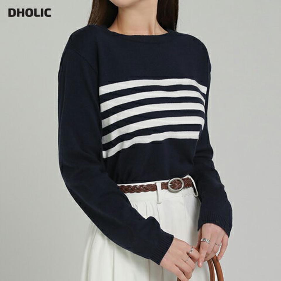 ボーダークロップドニット・t00283 レディース 【tops】トップス ニット 大人 ラウンドネック 長袖 ボーダー 配色 クロップド丈 スリット シンプル フェミニン カジュアル かわいい 可愛い 秋 冬 春 韓国ファッション