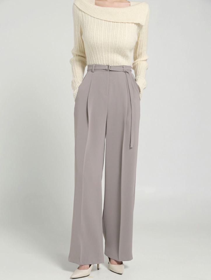 ベルト付ワンタックスラックス・t00302 レディース 【pt】ボトムス ロング ロングパンツ スラックス ハイウエスト フルレングス ベルト付 ヒップダーツ ワンタック 無地 単色 シンプル フェミニン カジュアル 秋 冬 春 韓国ファッション