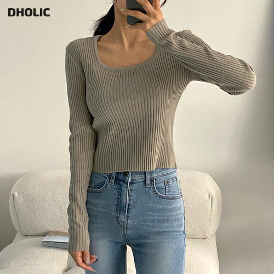 【新作10%OFF】スクエアクロップドリブニット・t00070 レディース 【tops】トップス ニット スクエアネック 長袖 リブ スリム クロップド丈 無地 単色 シンプル 大人 フェミニン カジュアル かわいい 可愛い 秋 冬 春 韓国ファッション SALE セール