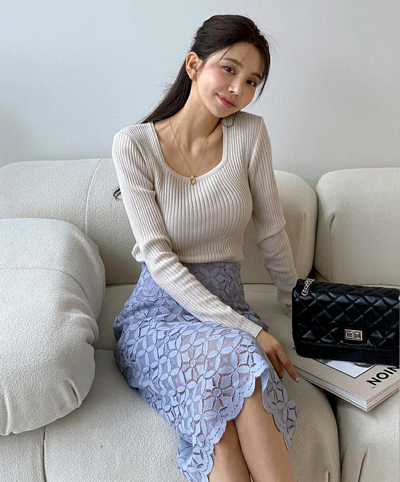 【新作10%OFF】スクエアクロップドリブニット・t00070 レディース 【tops】トップス ニット スクエアネック 長袖 リブ スリム クロップド丈 無地 単色 シンプル 大人 フェミニン カジュアル かわいい 可愛い 秋 冬 春 韓国ファッション SALE セール
