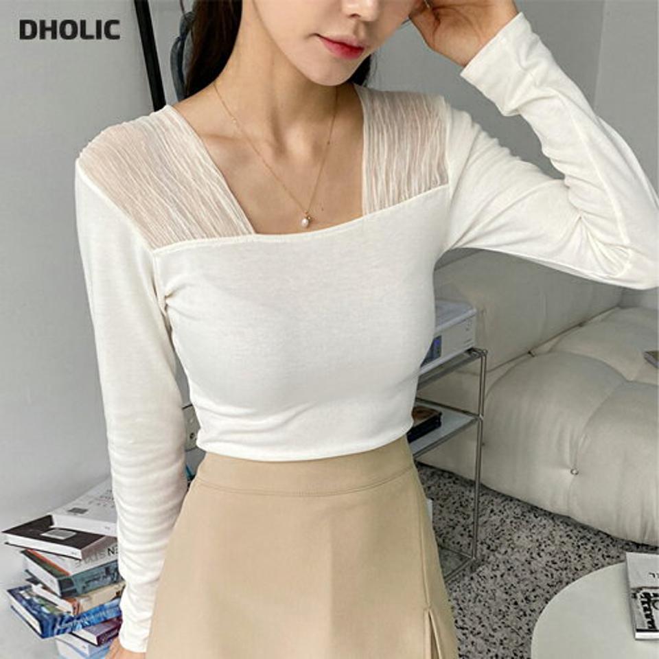 【マラソン特価】シアーショルダースクエアTシャツ・t00069 レディース 【tops】トップス Tシャツ スクエアネック 長袖 肩チュール スリム シアー 透け感 シンプル 可愛い かわいい 大人 フェミニン カジュアル 秋 冬 春 韓国ファッション セール