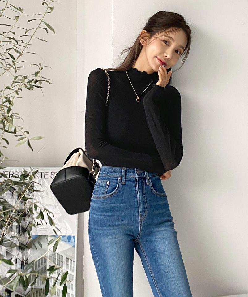 メロウハーフネックシアーTシャツ・t00067 レディース 【tops】トップス Tシャツ ハーフネック 長袖 メロウヘム シアー シースルー クロップド丈 無地 単色 シンプル 可愛い かわいい 大人 フェミニン カジュアル 秋 冬 春 韓国ファッション