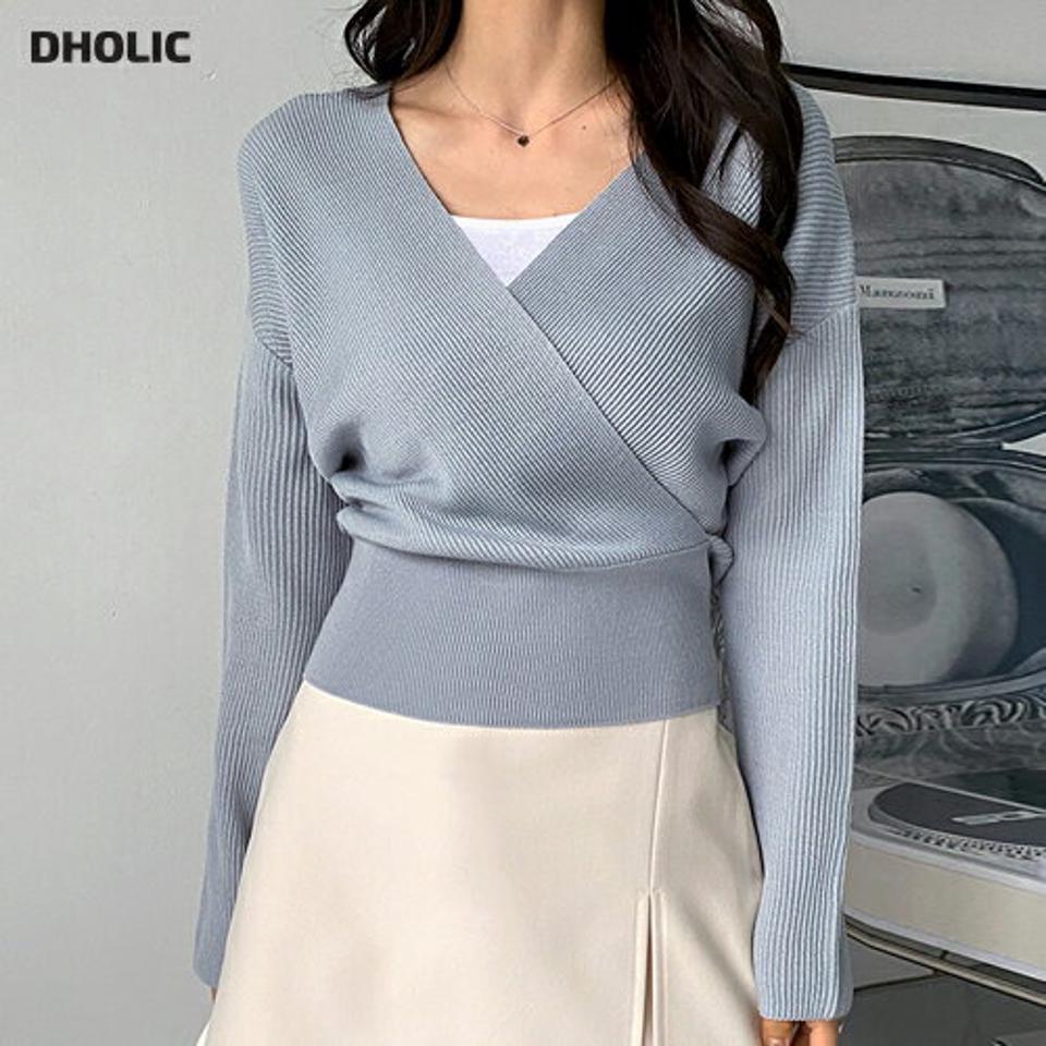 Vネックカシュクールリブニット・t00071 レディース 【tops】トップス ニット Vネック 長袖 ドロップショルダー カシュクール リブ クロップド丈 無地 単色 シンプル 大人 フェミニン カジュアル かわいい 可愛い 秋 冬 春 韓国ファッション