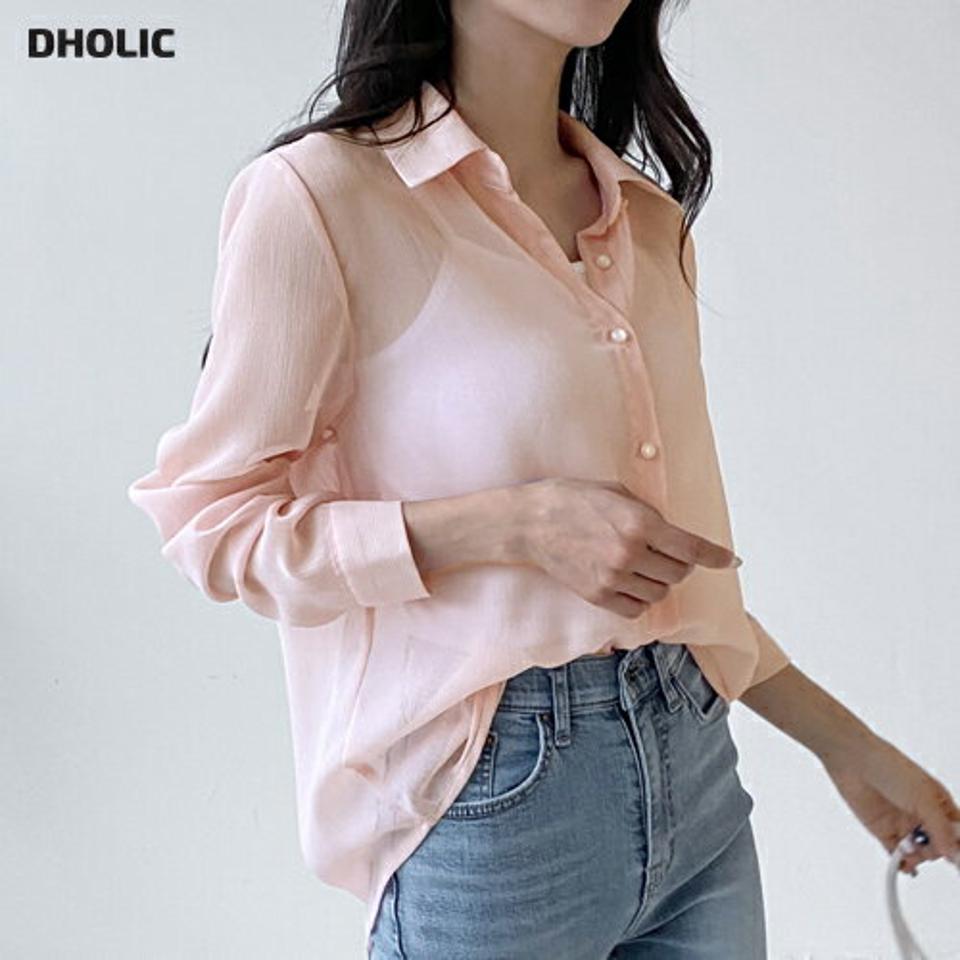 ルーズリンクルシアーシャツ・t00074 レディース 【bl】トップス シャツ カラーネック 長袖 シースルー シアー ルーズ タック ラウンドヘム リンクル 無地 単色 シンプル カジュアル フェミニン 可愛い かわいい 秋 冬 春 韓国ファッション