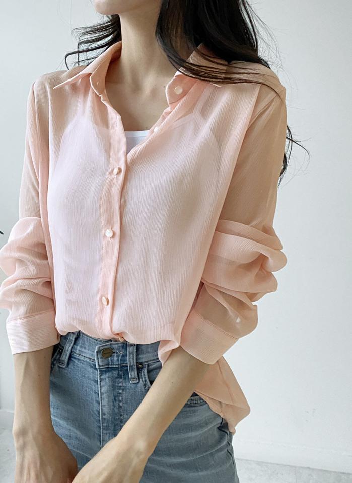 ルーズリンクルシアーシャツ・t00074 レディース 【bl】トップス シャツ カラーネック 長袖 シースルー シアー ルーズ タック ラウンドヘム リンクル 無地 単色 シンプル カジュアル フェミニン 可愛い かわいい 秋 冬 春 韓国ファッション