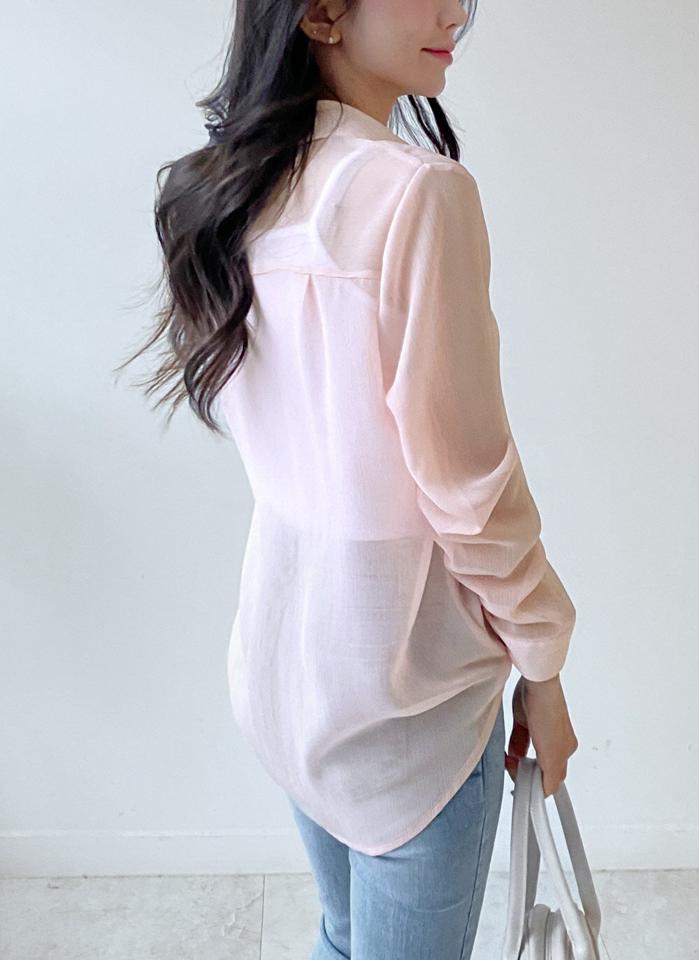 ルーズリンクルシアーシャツ・t00074 レディース 【bl】トップス シャツ カラーネック 長袖 シースルー シアー ルーズ タック ラウンドヘム リンクル 無地 単色 シンプル カジュアル フェミニン 可愛い かわいい 秋 冬 春 韓国ファッション