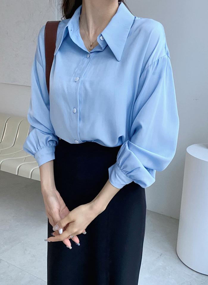 【10%OFF】バリモアカラーシルキーシャツ・t00075 レディース 【bl】トップス シャツ カラーネック 長袖 ドロップショルダー バリモアカラー ラウンドヘム ギャザー 無地 単色 シンプル カジュアル フェミニン 可愛い かわいい 秋 冬 春 韓国ファッション KWセール