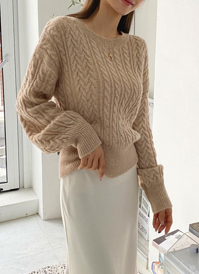 アルパカ混ラウンドケーブルニット・b00073 レディース 【tops】トップス ニット ラウンドネック 長袖 ドロップショルダー バルーン アルパカ ウール混 ケーブル編み シンプル 大人 フェミニン カジュアル かわいい 可愛い 秋 冬 春 韓国ファッション